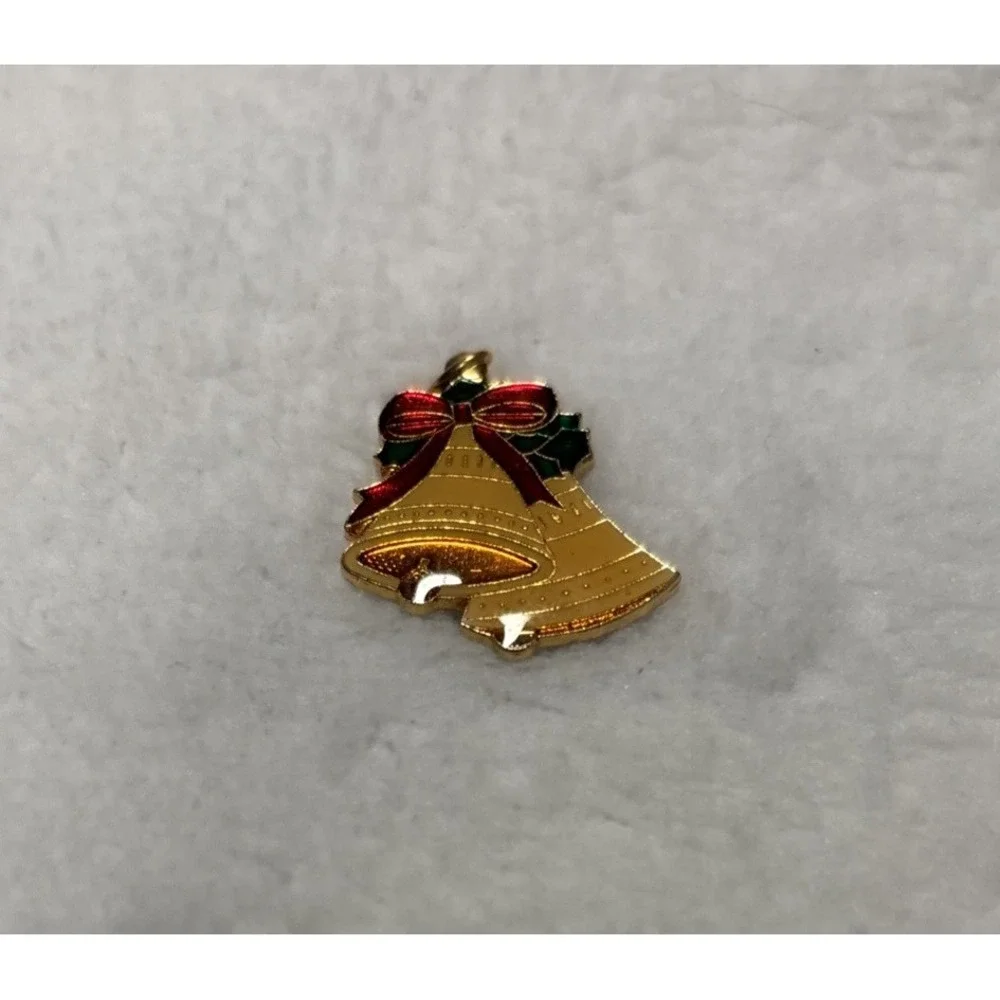 Vintage Christmas Bells Enamel Pendant Charm Holiday Jewelry‎ Red Bow Metal 1.5